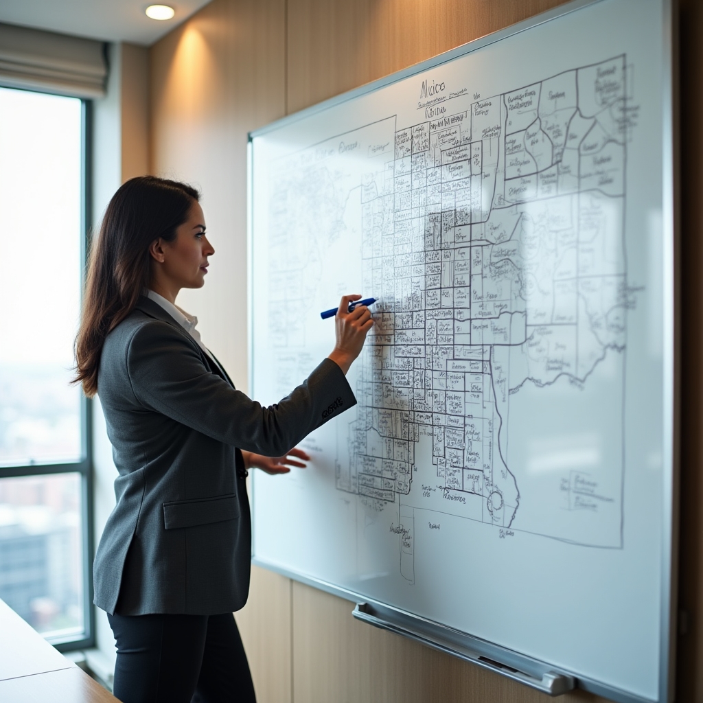 Real estate content strategist marking neighborhood boundaries on a printed map