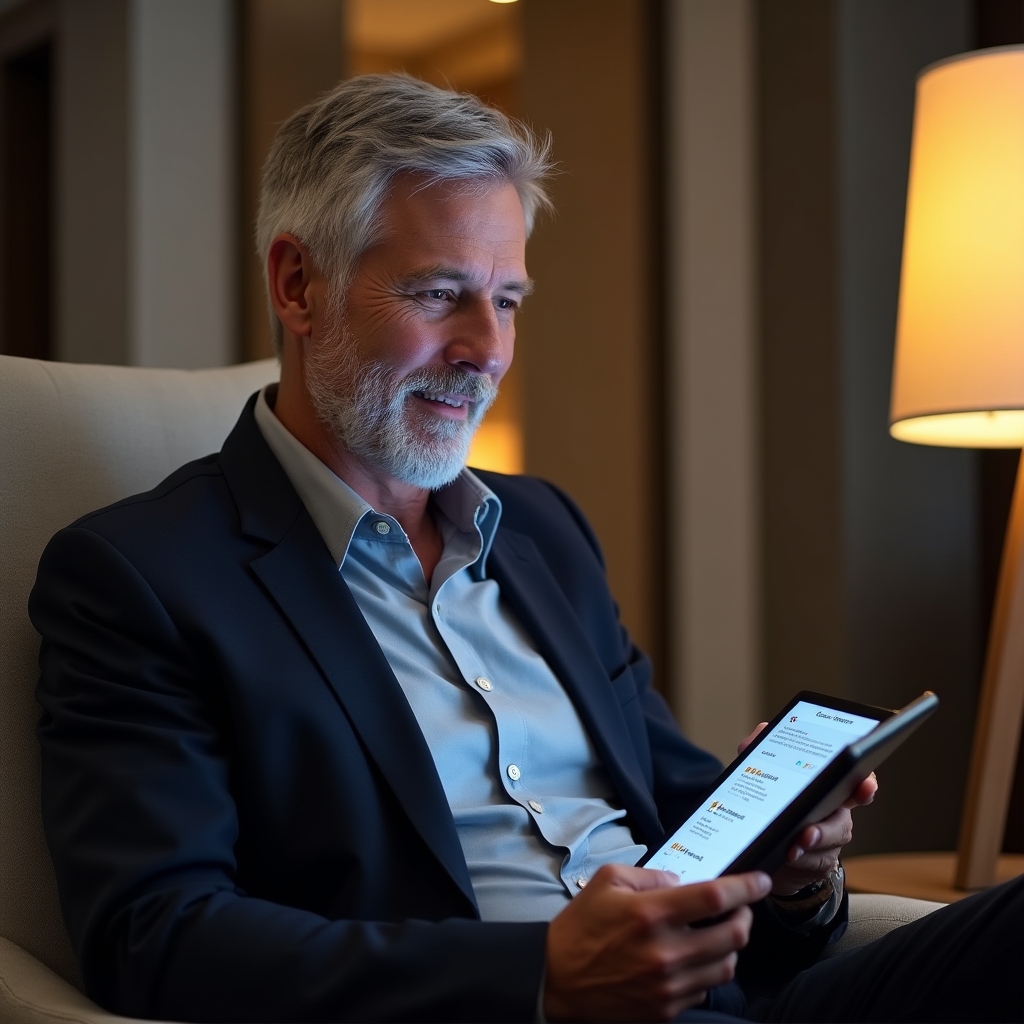 Real estate agent reading client reviews on a tablet in a modern office